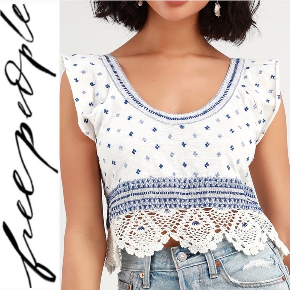 Free People Tops - 🆕 Free People white & blue embroidered Crop Top